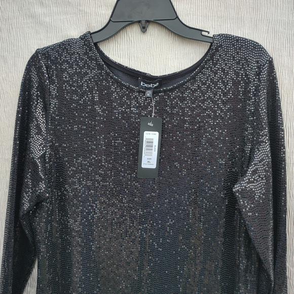 Bebe Black Disco Dot Long Sleeve Maxi Dress Made in USA Bodycon Sequin Sz XL - Picture 4 of 9